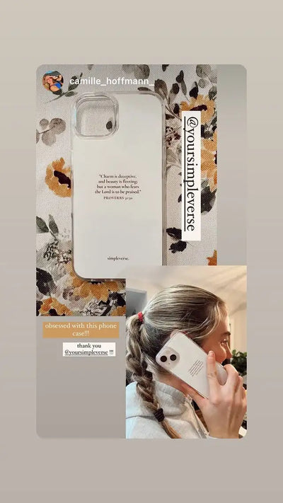 Christian phone case from Simpleverse with Proverbs 31:30 Bible verse, shared by @camille_hoffmann_