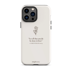 Christian iPhone cover featuring the Corinthians love verse in subtle script with a delicate rose, symbolizing love and faith.