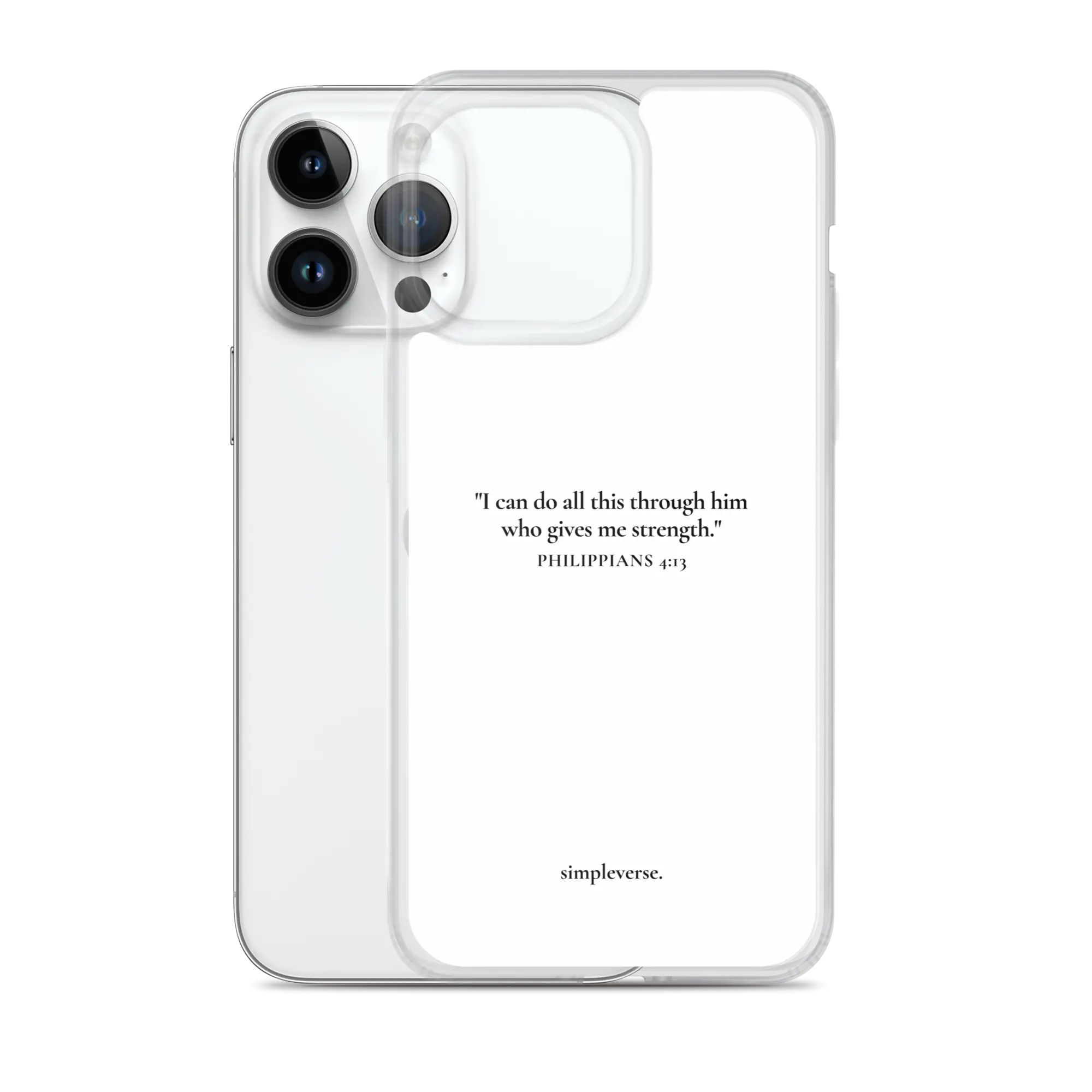White Christian iPhone case with the verse 'I can do all this through him who gives me strength - Philippians 4:13' printed on the back.