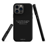 Black iPhone case with 'I can do all this through him who gives me strength. Philippians 4:13' verse, by Simpleverse.
