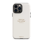 Elegant white iPhone case featuring the verse 'With God, I lack nothing. Psalm 23:1' from Simpleverse brand.