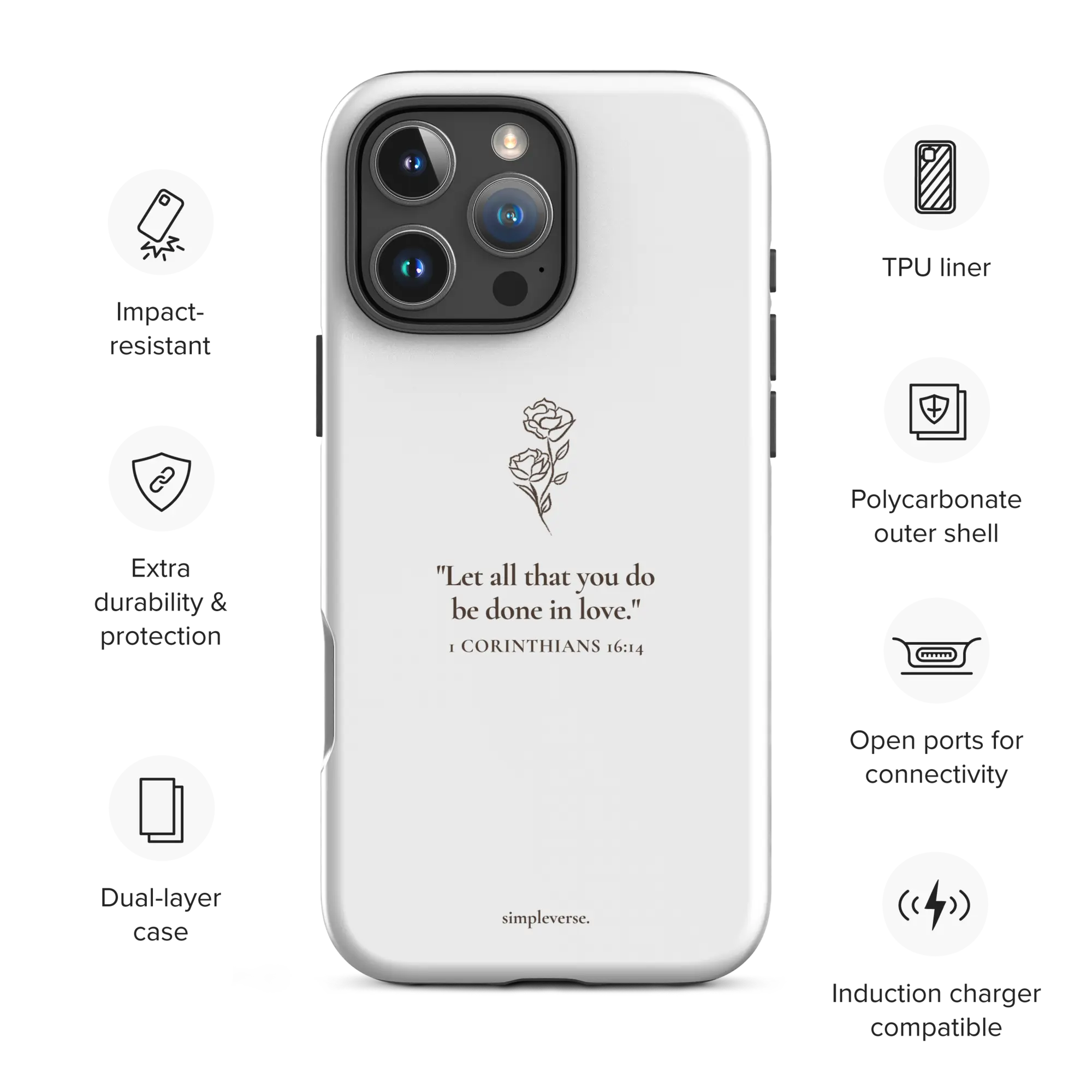 Tough Christian iPhone case with “1 Corinthians” verse — features: dual-layer, TPU liner, wireless charging.