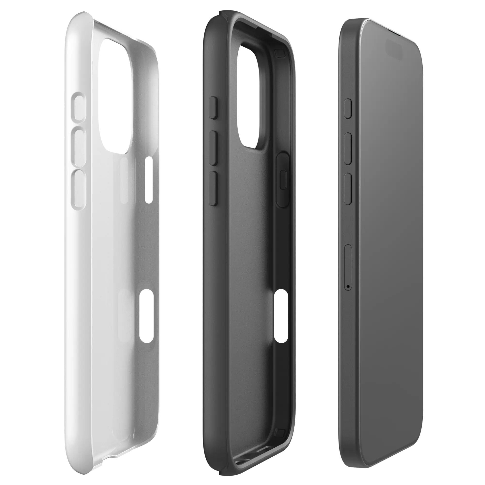 Exploded view of the 1 Corinthians iPhone case with inner TPU liner and outer polycarbonate shell.