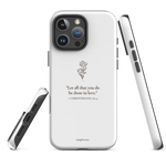 Angled and side views of the 1 Corinthians Christian iPhone case showing raised bezels and precise cutouts.