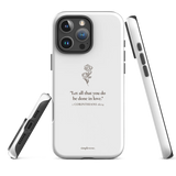 Angled and side views of the 1 Corinthians Christian iPhone case showing raised bezels and precise cutouts.