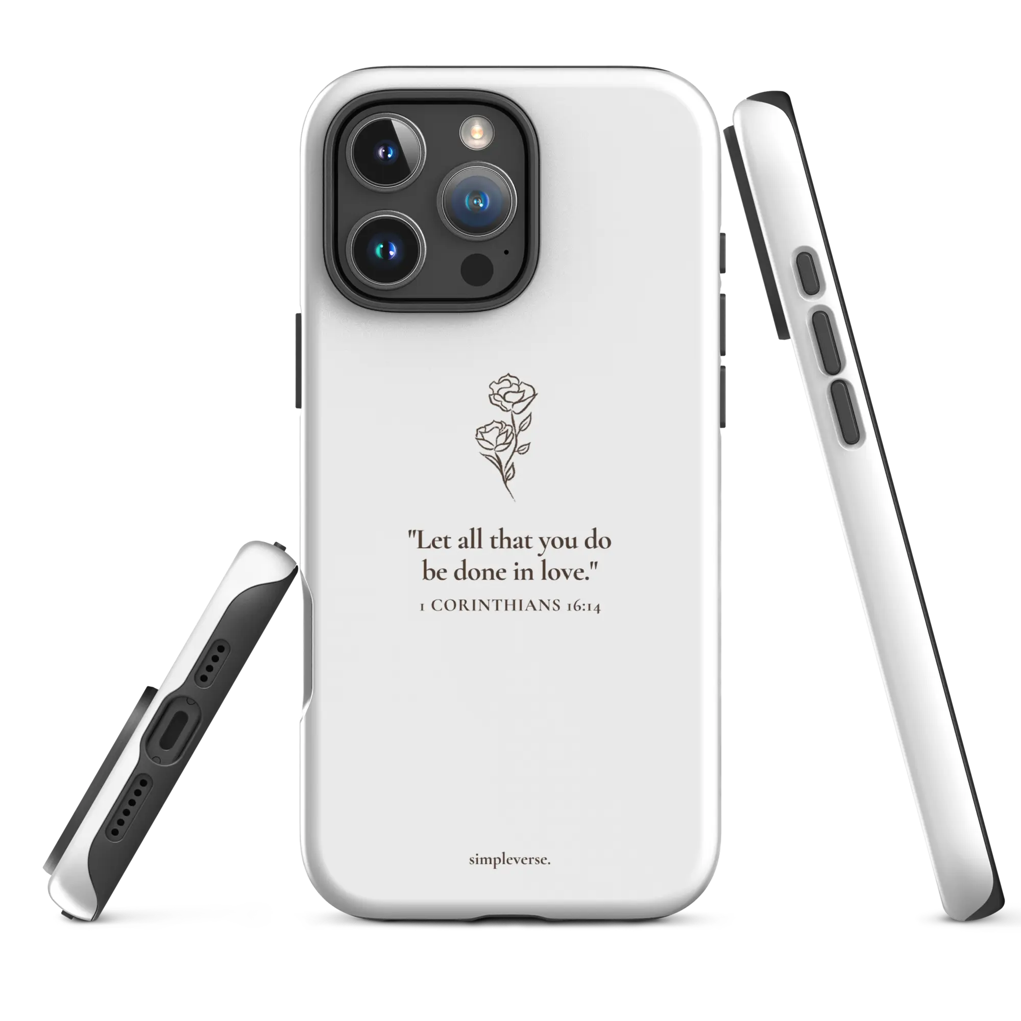 Angled and side views of the 1 Corinthians Christian iPhone case showing raised bezels and precise cutouts.