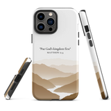 Scripture iPhone case with 'Put God’s kingdom first' message, offering spiritual guidance alongside a mountain illustration.