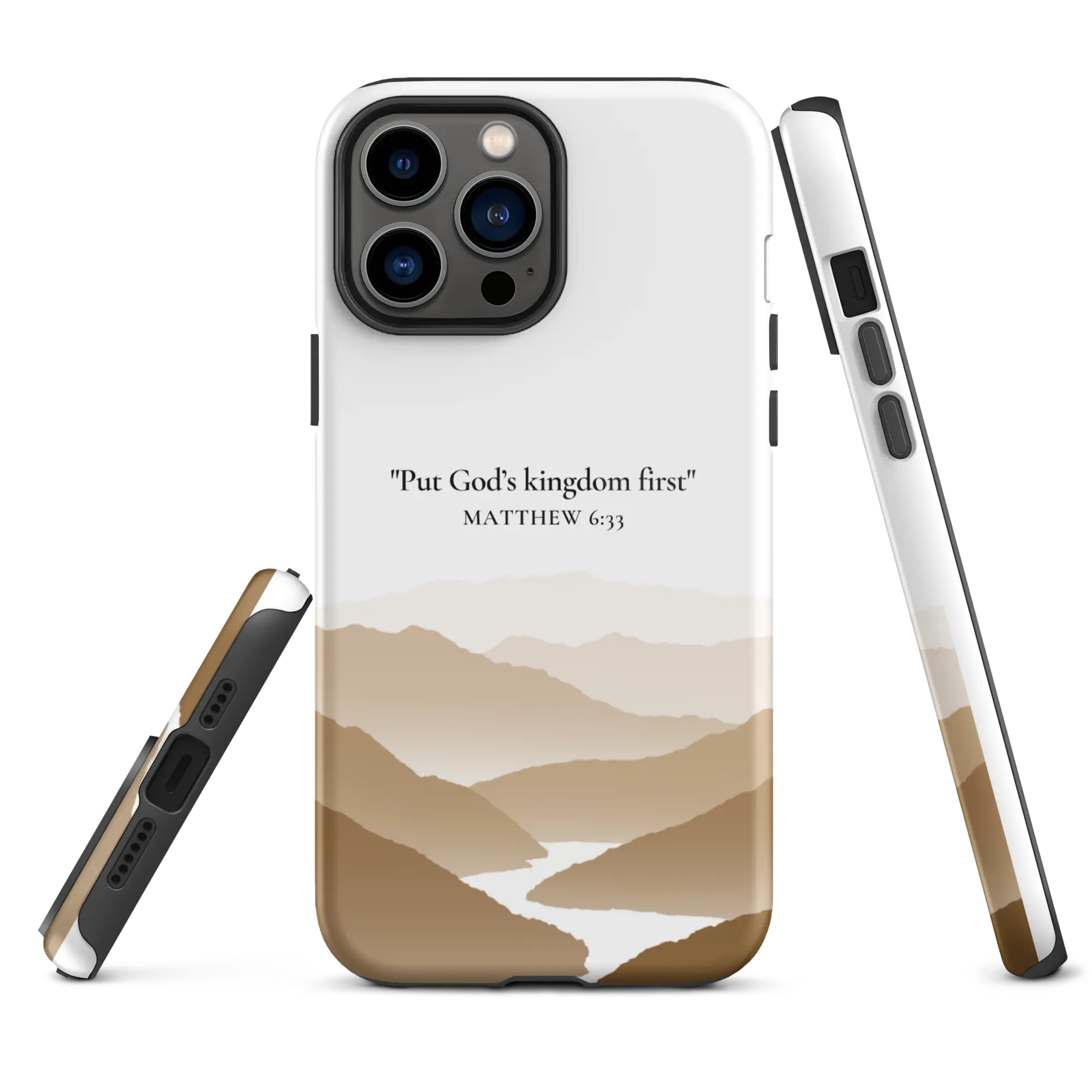 Scripture iPhone case with 'Put God’s kingdom first' message, offering spiritual guidance alongside a mountain illustration.