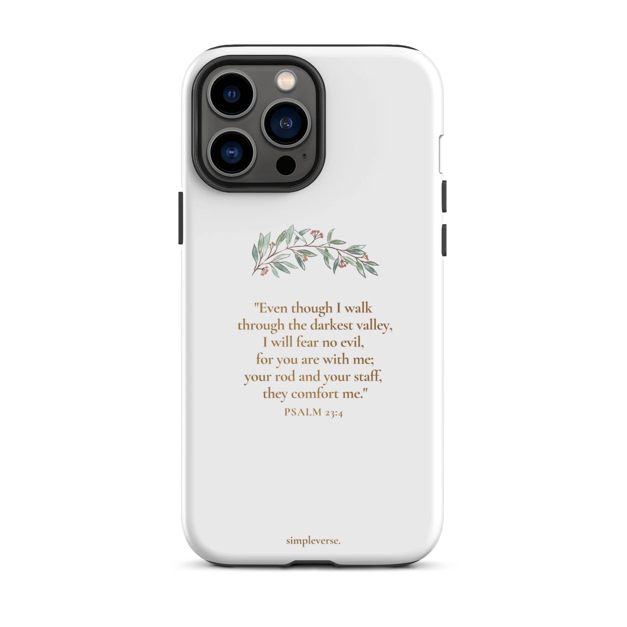Christian iPhone case featuring Psalm 23:4 providing comfort and fearlessness in faith, with elegant florals.