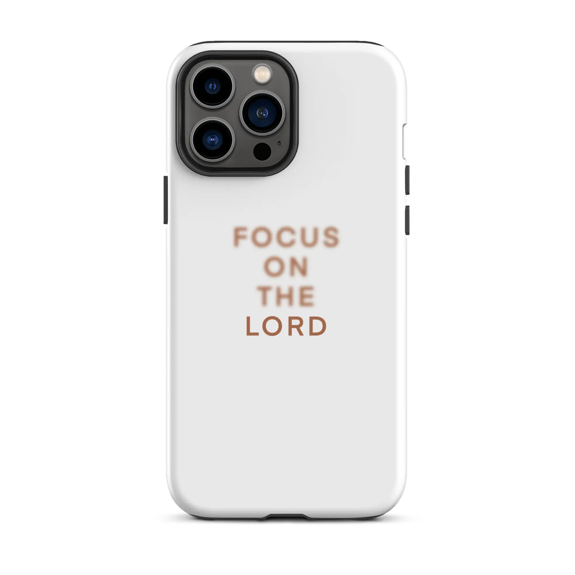 Elegant iPhone case with the phrase 'FOCUS ON THE LORD' in subtle lettering, a daily faith reminder for Christians.