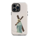 Durable iPhone case with a protective design and a depiction of Jesus bearing the cross, blending faith with function.