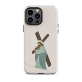 Durable iPhone case with a protective design and a depiction of Jesus bearing the cross, blending faith with function.