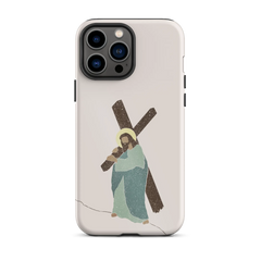Durable iPhone case with a protective design and a depiction of Jesus bearing the cross, blending faith with function.