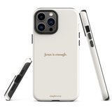 Minimalist iPhone case in cream with 'Jesus is enough' text, combining modern design with spiritual comfort.