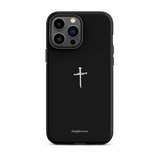 Minimalist black Christian iPhone case featuring a nail cross symbol, a sleek accessory for the faithful.