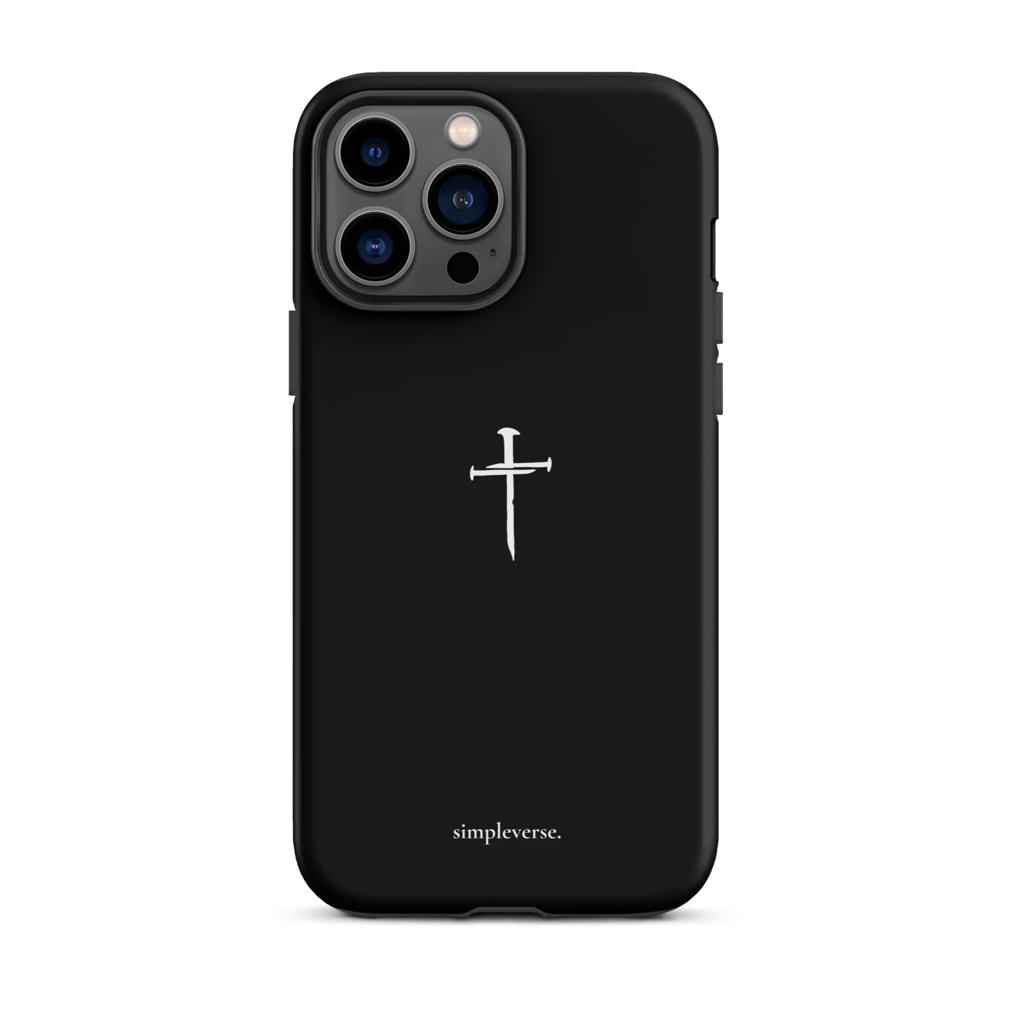Minimalist black Christian iPhone case featuring a nail cross symbol, a sleek accessory for the faithful.