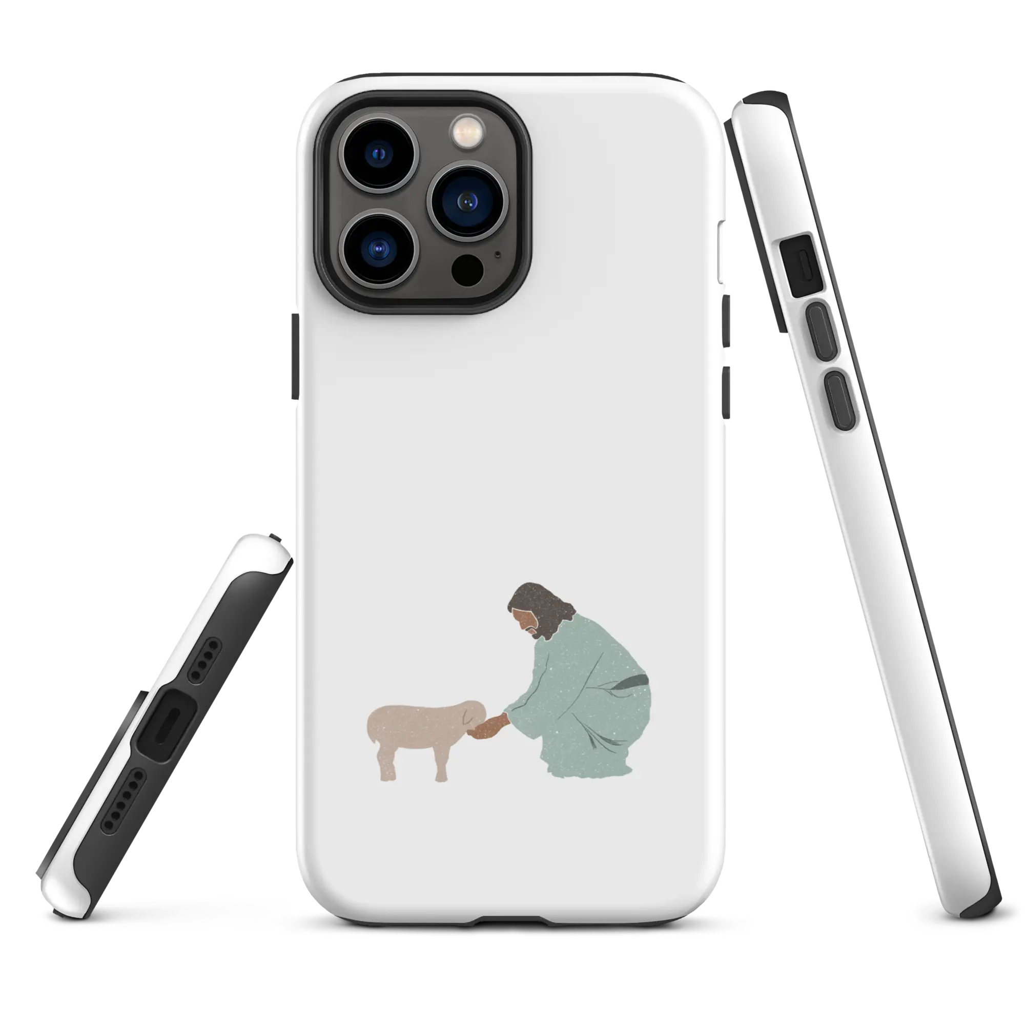 Durable Christian iPhone cover showcasing a serene illustration of Jesus as the Good Shepherd with a lamb