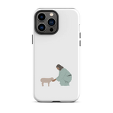 Minimalist white iPhone case with a depiction of Jesus tenderly touching a sheep, symbolizing guidance and care