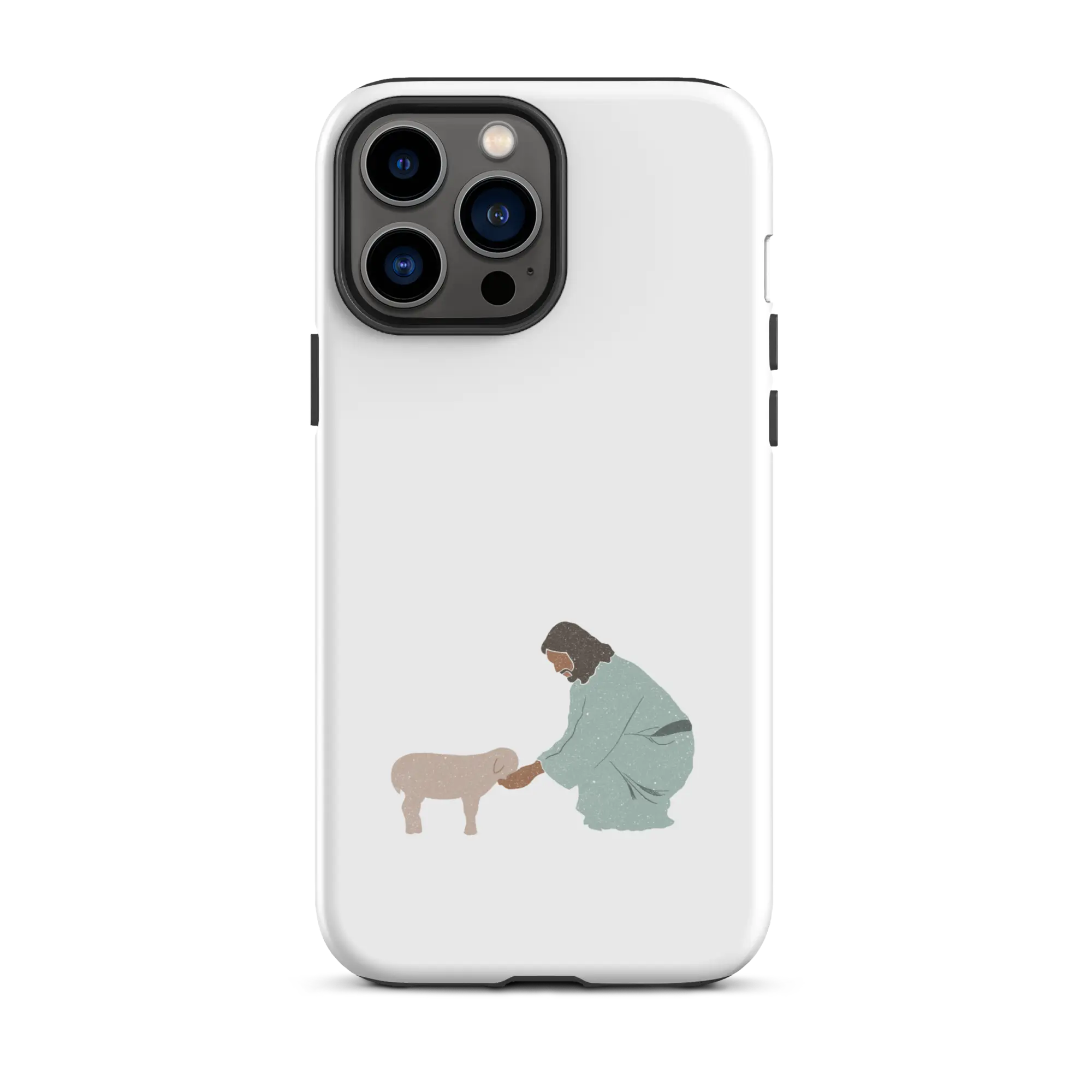 Minimalist white iPhone case with a depiction of Jesus tenderly touching a sheep, symbolizing guidance and care