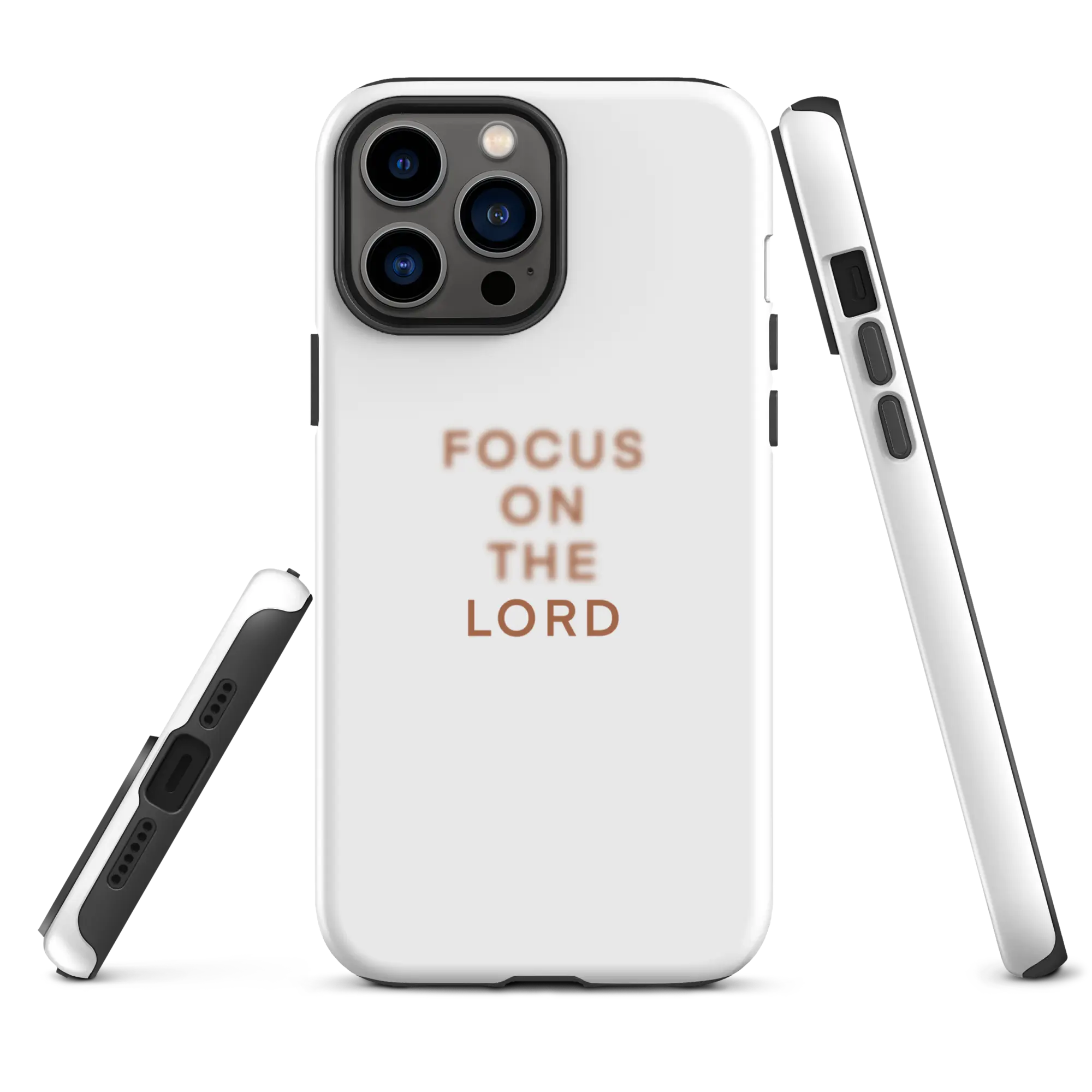 Minimalist design iPhone case with 'FOCUS ON THE LORD' inscription, combining simplicity with spiritual devotion.