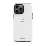Minimalist white Christian iPhone case with a striking nail cross symbol, a sleek expression of Christian belief.