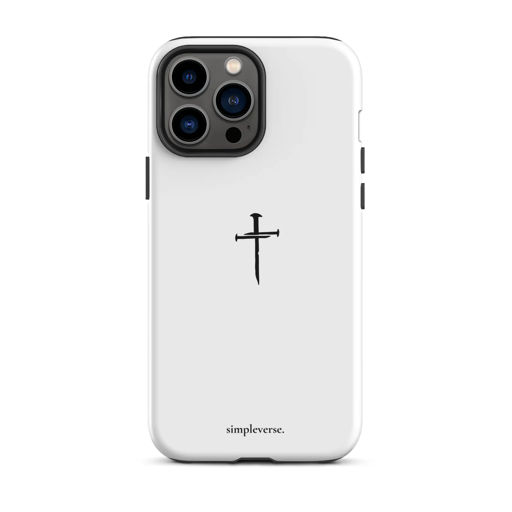 Minimalist white Christian iPhone case with a striking nail cross symbol, a sleek expression of Christian belief.