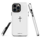 Elegant white iPhone case featuring a nail cross, symbolizing Christian faith with a modern twist.
