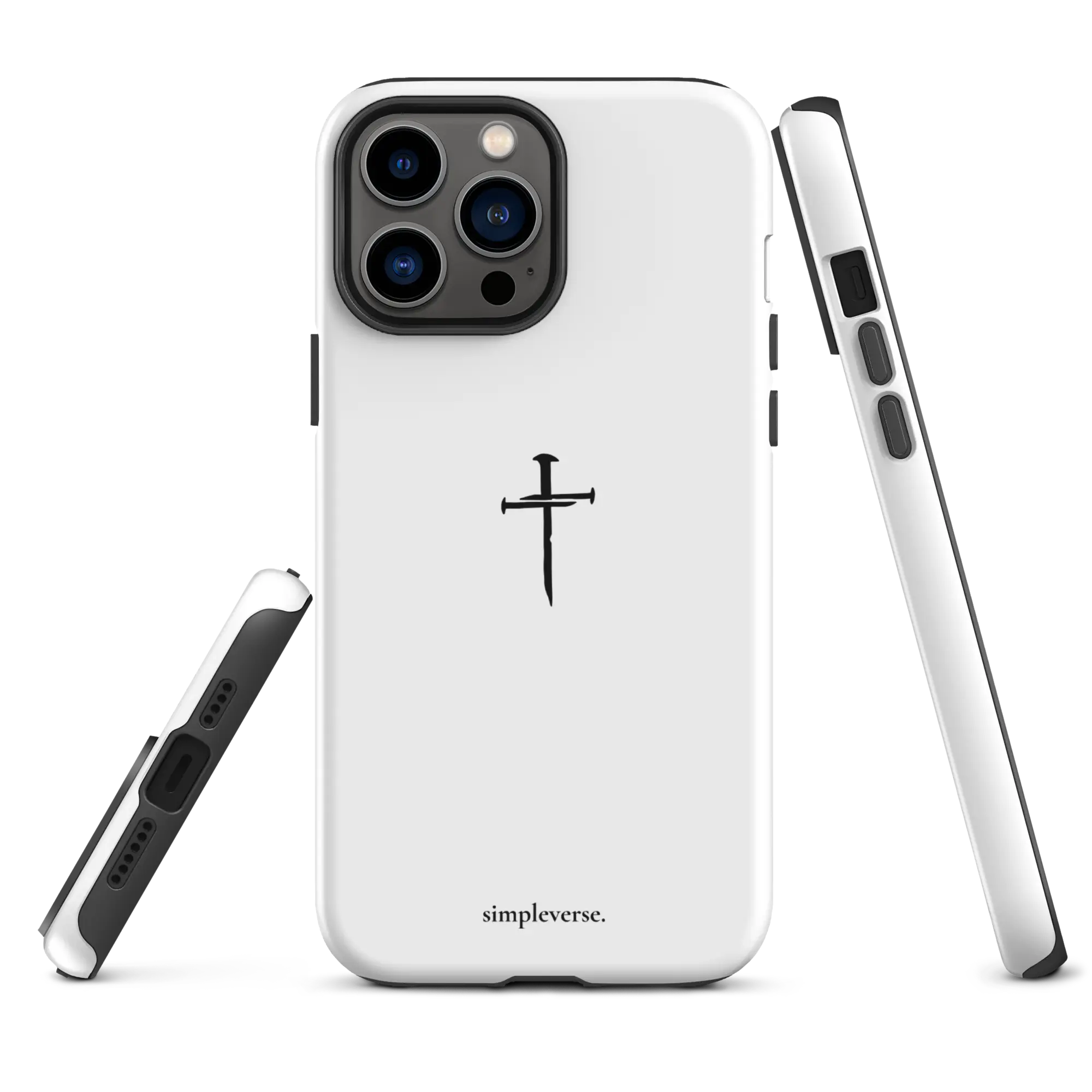 Elegant white iPhone case featuring a nail cross, symbolizing Christian faith with a modern twist.
