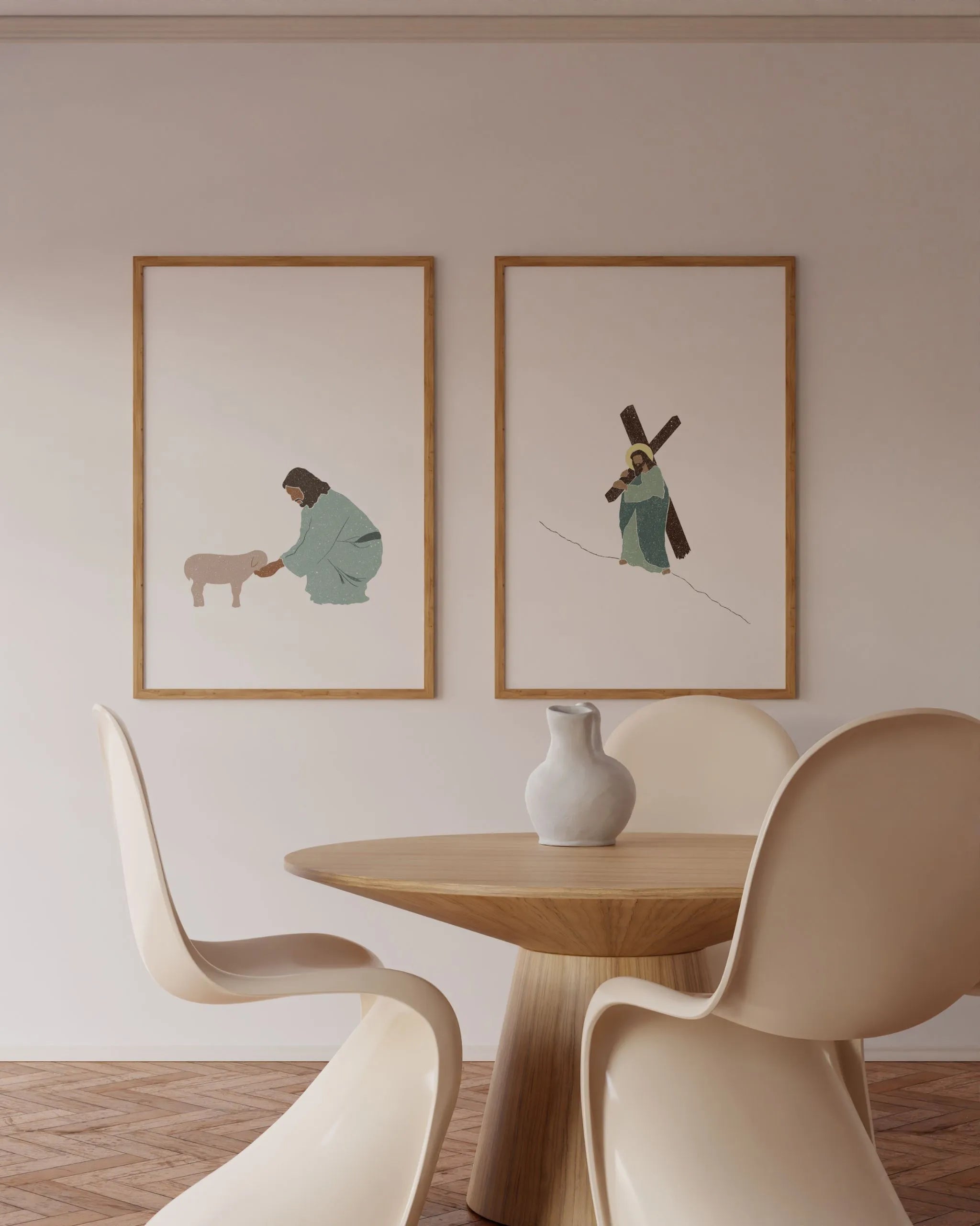 Good Shepherd & Weight of Mercy printable wall art, two framed prints above dining table, instant download.