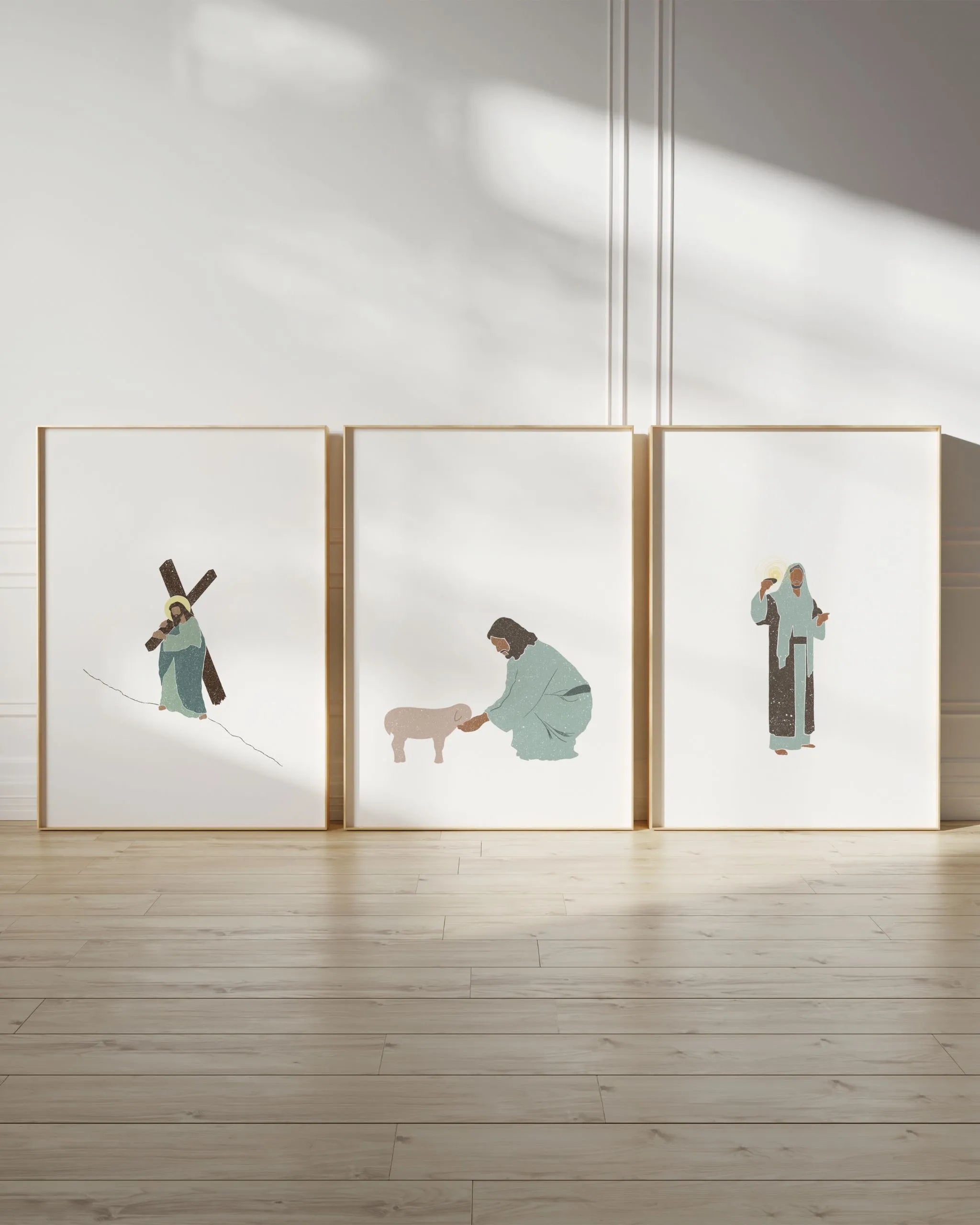 Set of three printable Christian wall art Weight of Mercy, Good Shepherd, Light of the World gallery trio.