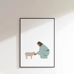 Good Shepherd printable Christian poster in thin black frame on white wall, modern décor.