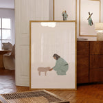 Good Shepherd printable Christian poster leaning on console in cozy room with rattan accents.