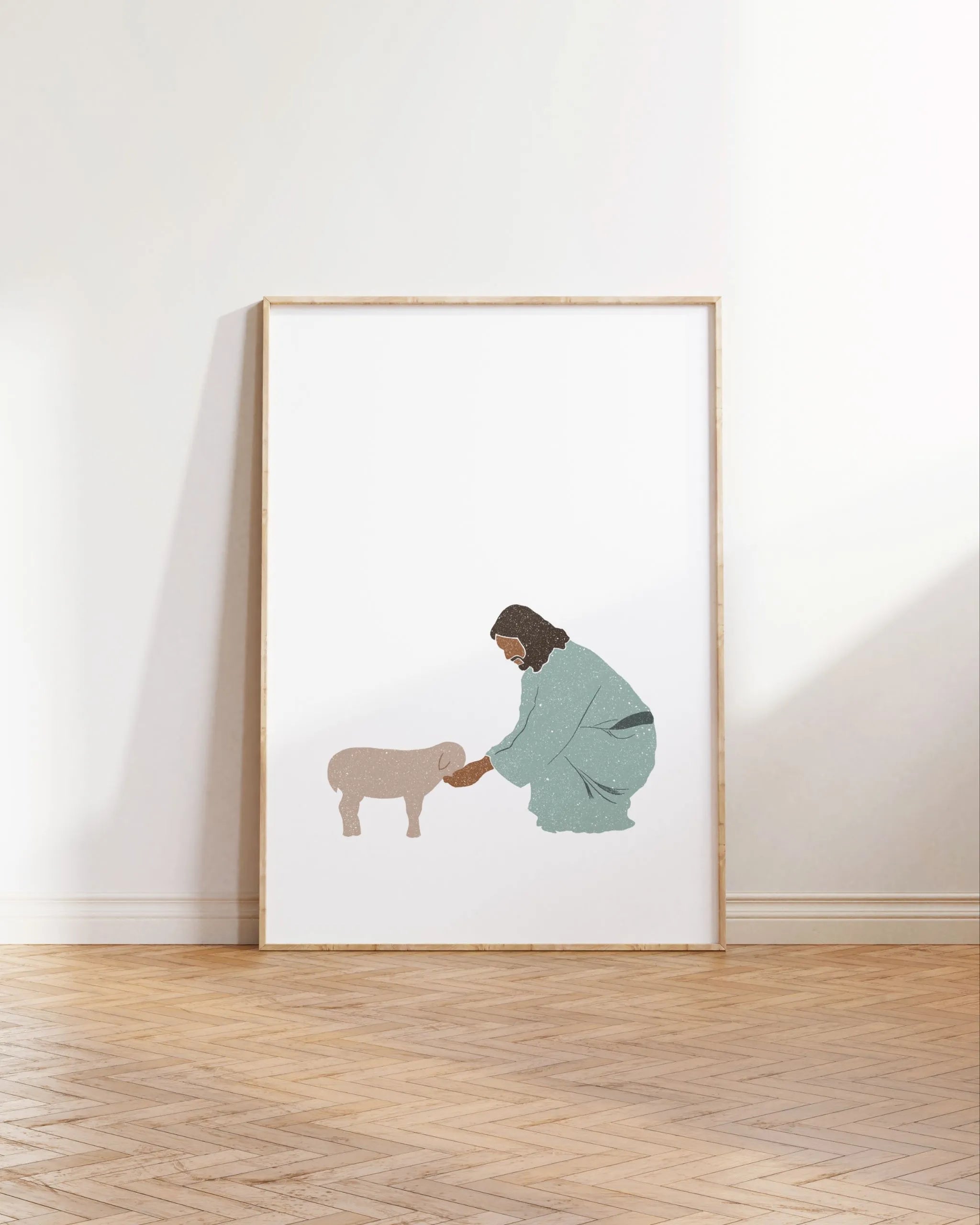 Two-piece printable Christian wall art set Weight of Mercy and Good Shepherd framed in neutral room.