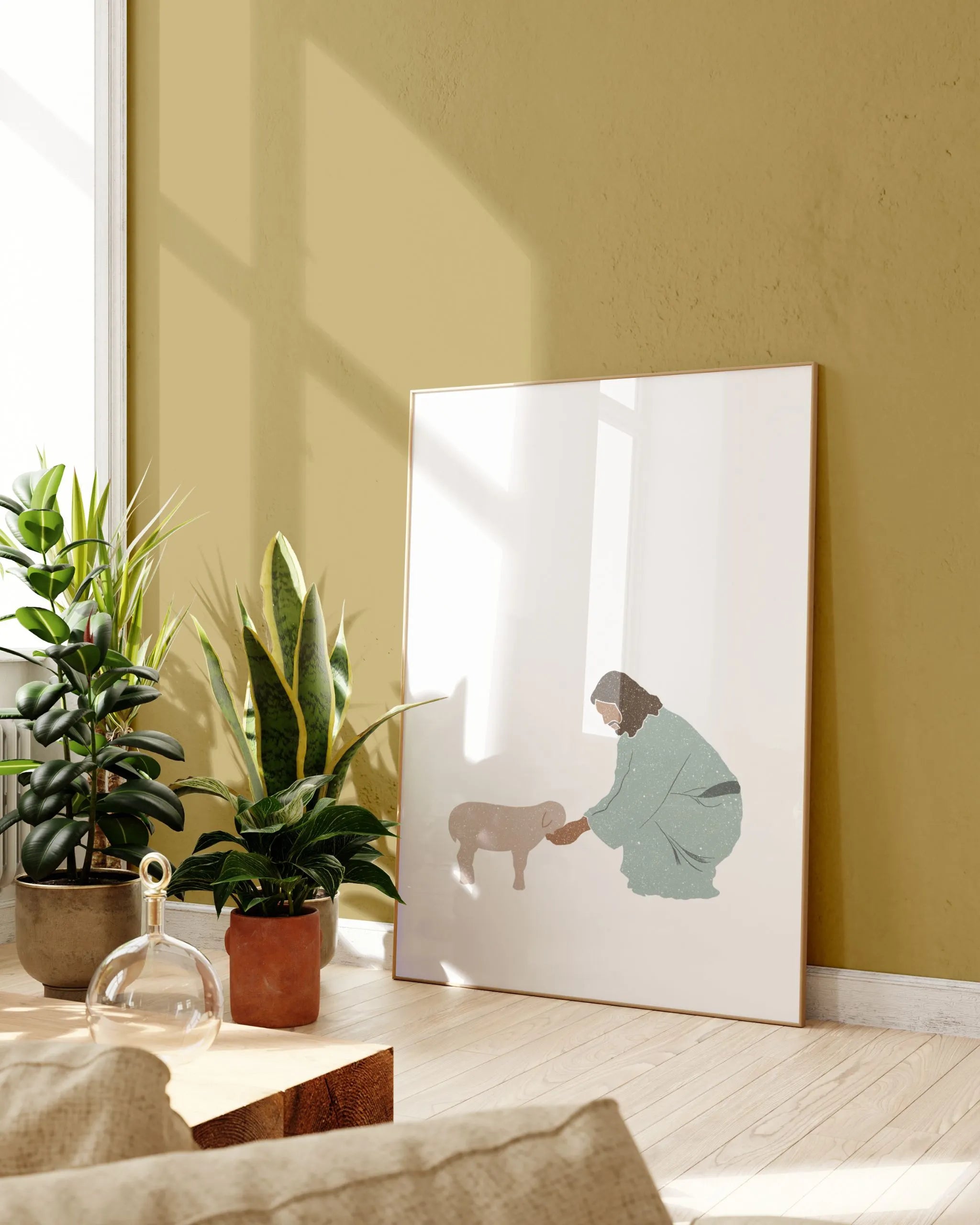 Good Shepherd printable Christian wall art in lightwood frame near plants, modern living room, instant download.