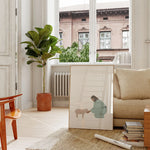 Good Shepherd Christian wall art, framed print on console in bright windowed room, instant download.