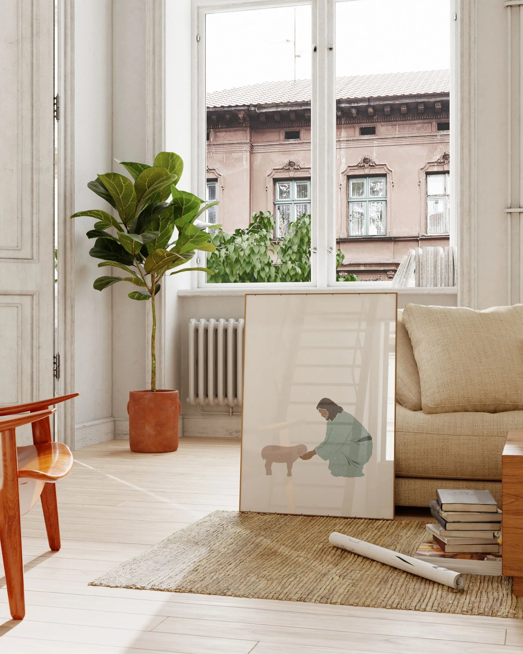 Good Shepherd Christian wall art, framed print on console in bright windowed room, instant download.