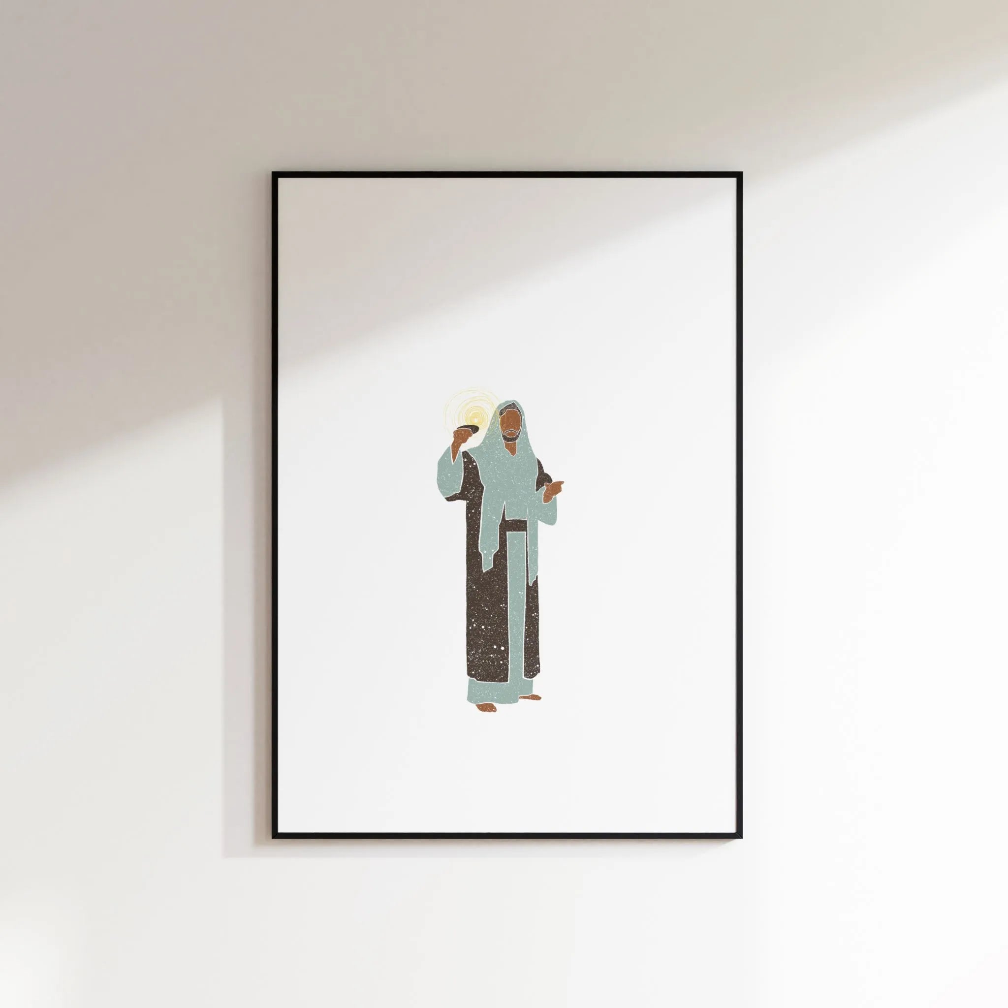 Light of the World Christian wall art in thin black frame on white wall, printable download.