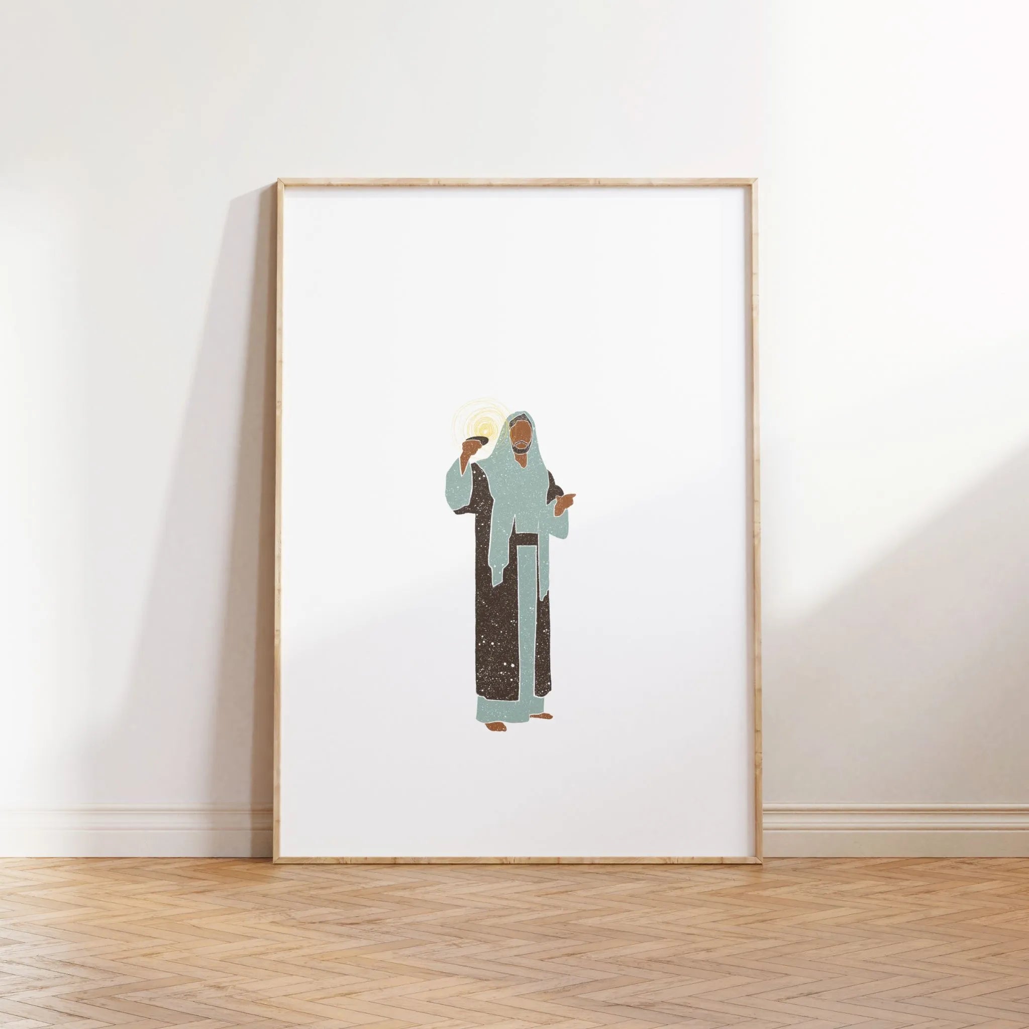 Light of the World printable Christian poster leaning on wood floor, lightwood frame.