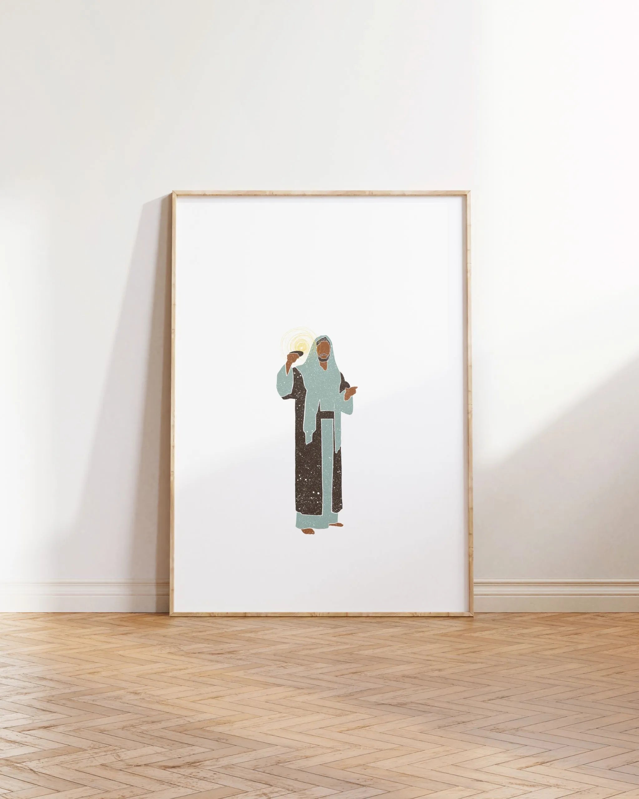 Light of the World printable Christian poster leaning on wood floor, lightwood frame.