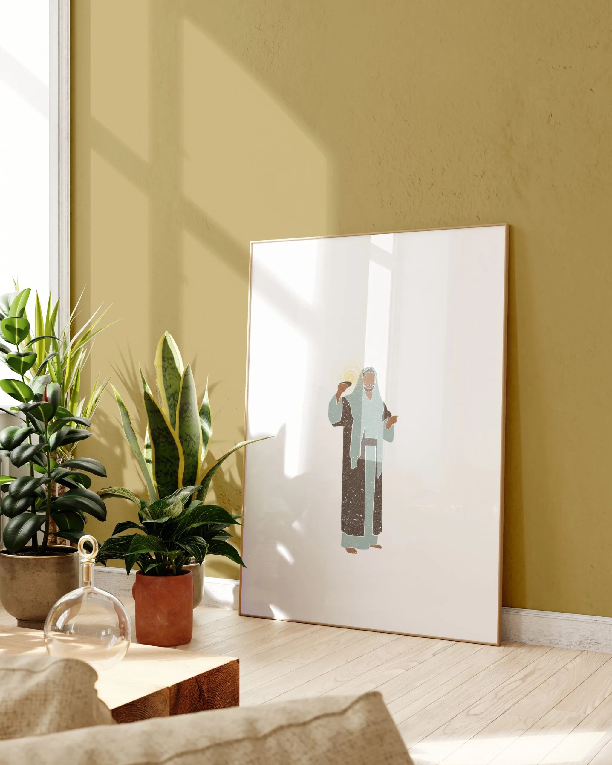 Light of the World printable Christian art in lightwood frame beside plants, modern minimalist décor.
