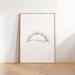 “Morning of Joy” sunrise line art, printable Christian poster leaning in wood frame.