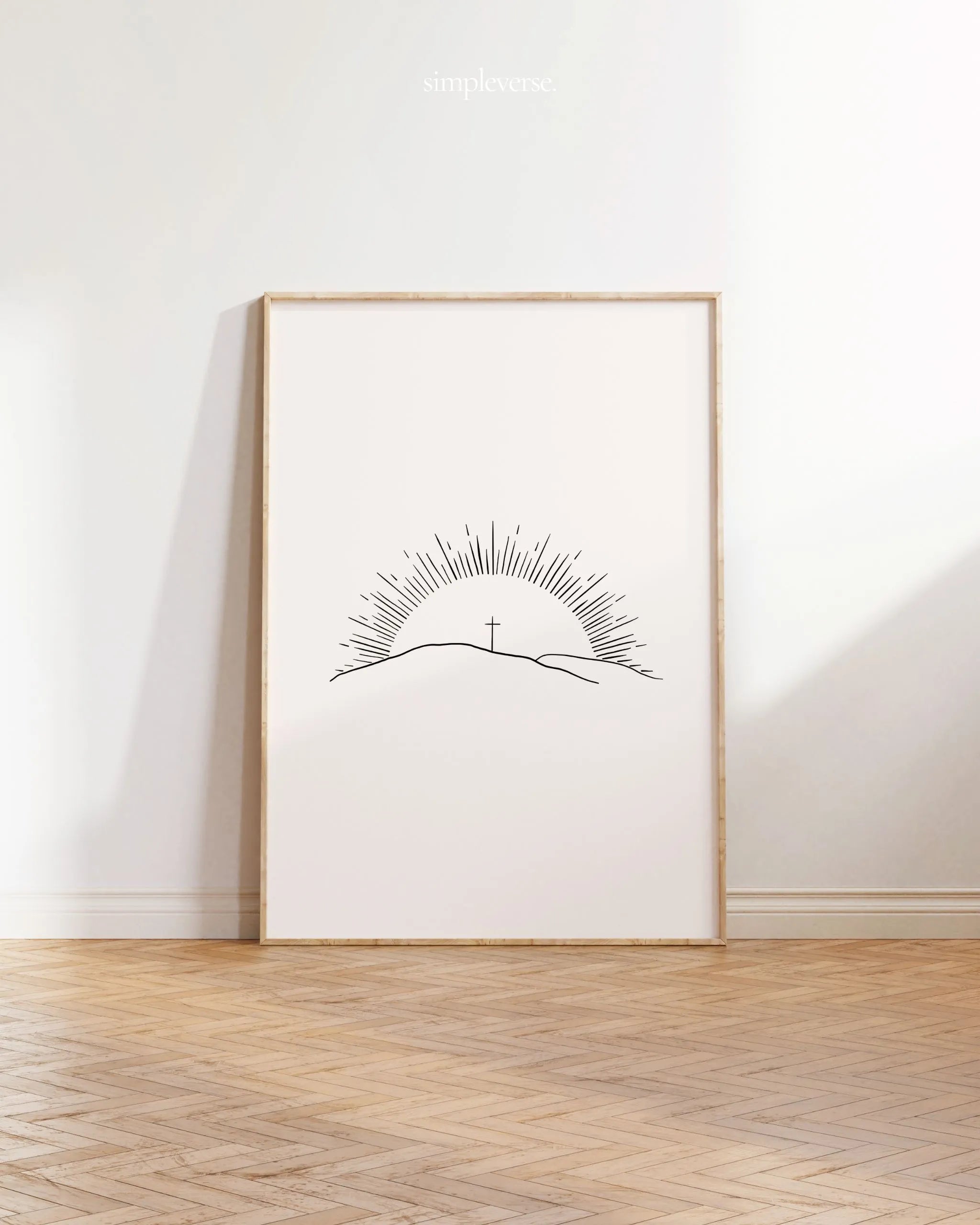 “Morning of Joy” sunrise line art, printable Christian poster leaning in wood frame.