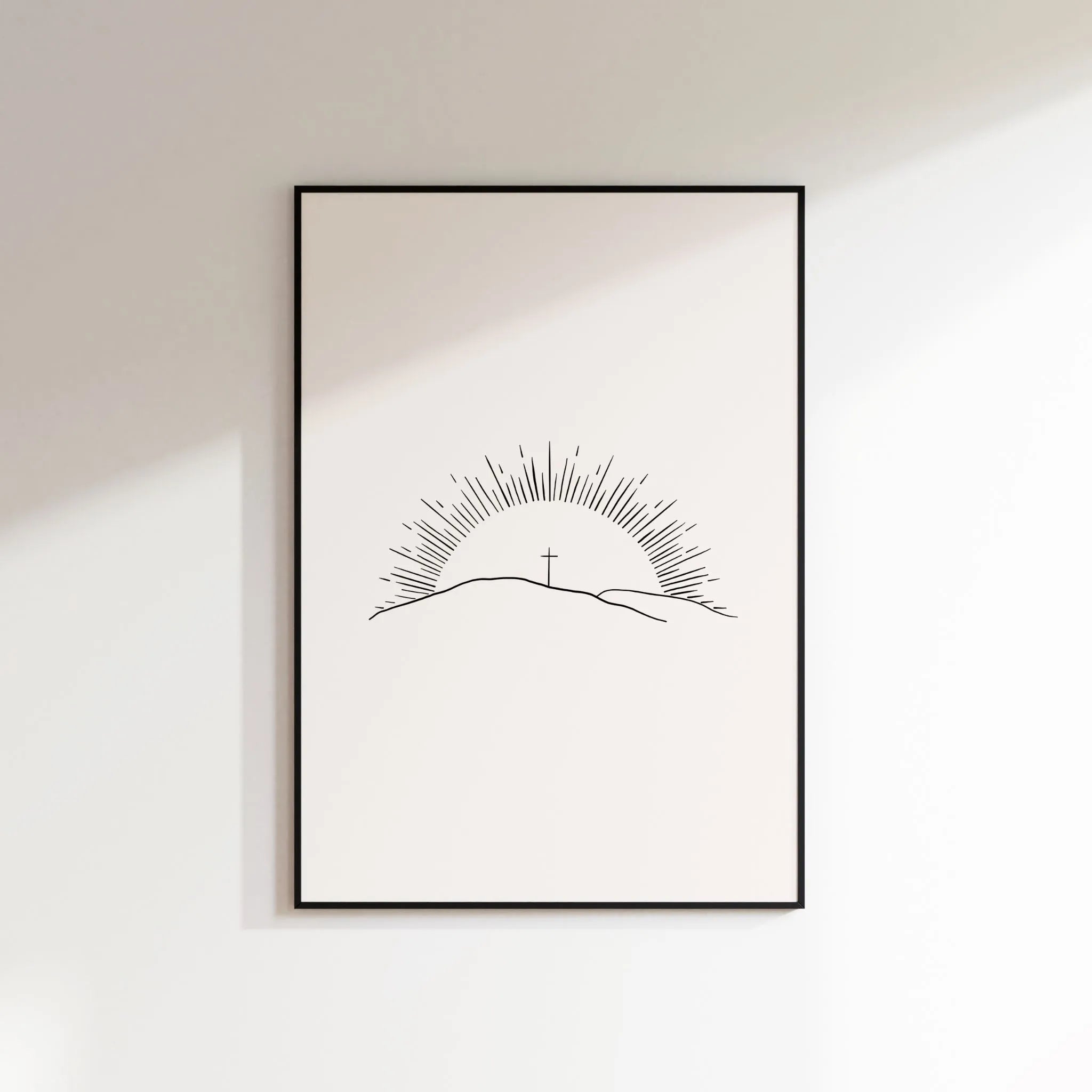 “Morning of Joy” minimalist sunrise line art, printable Christian wall art on white wall.