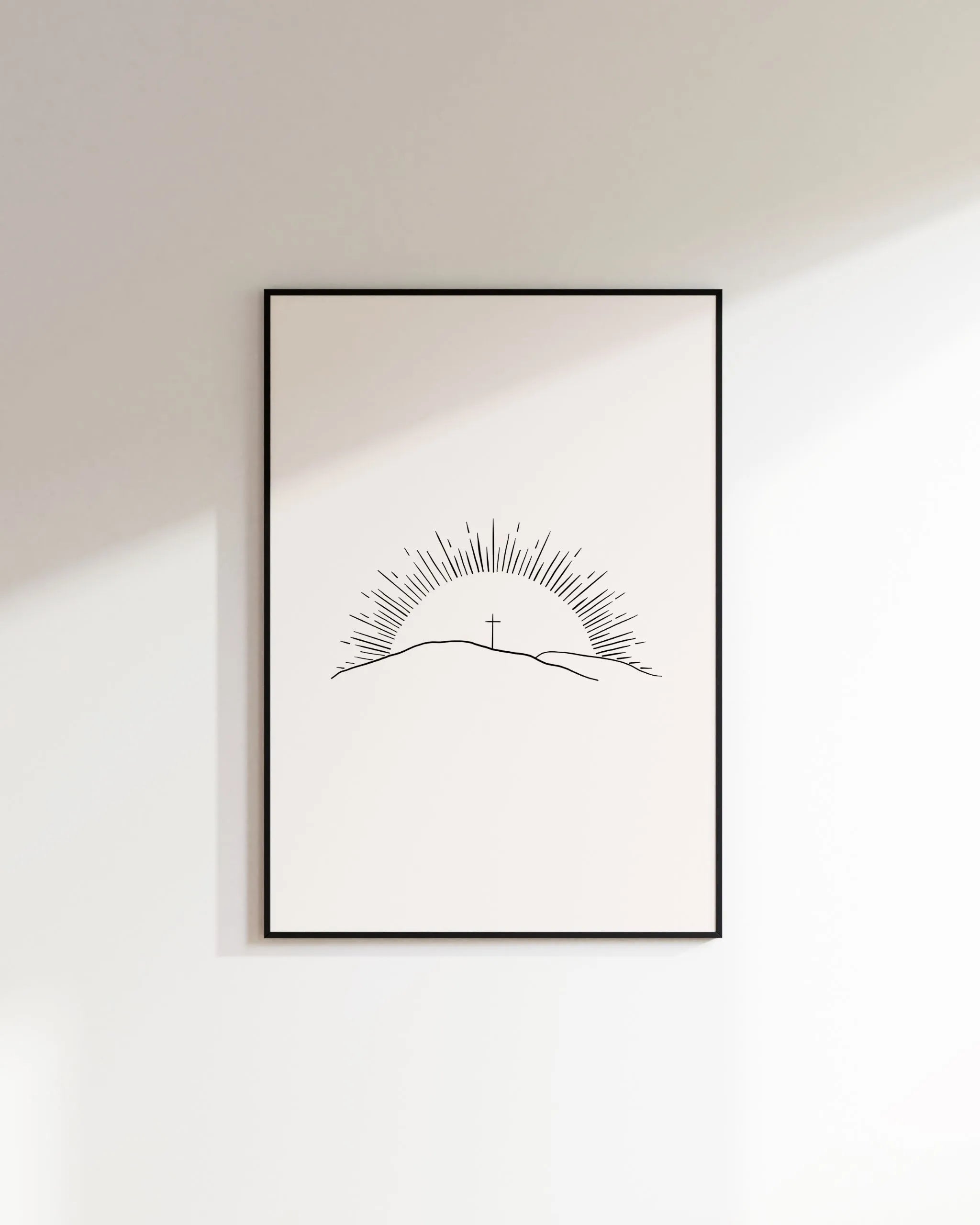 “Morning of Joy” minimalist sunrise line art, printable Christian wall art on white wall.