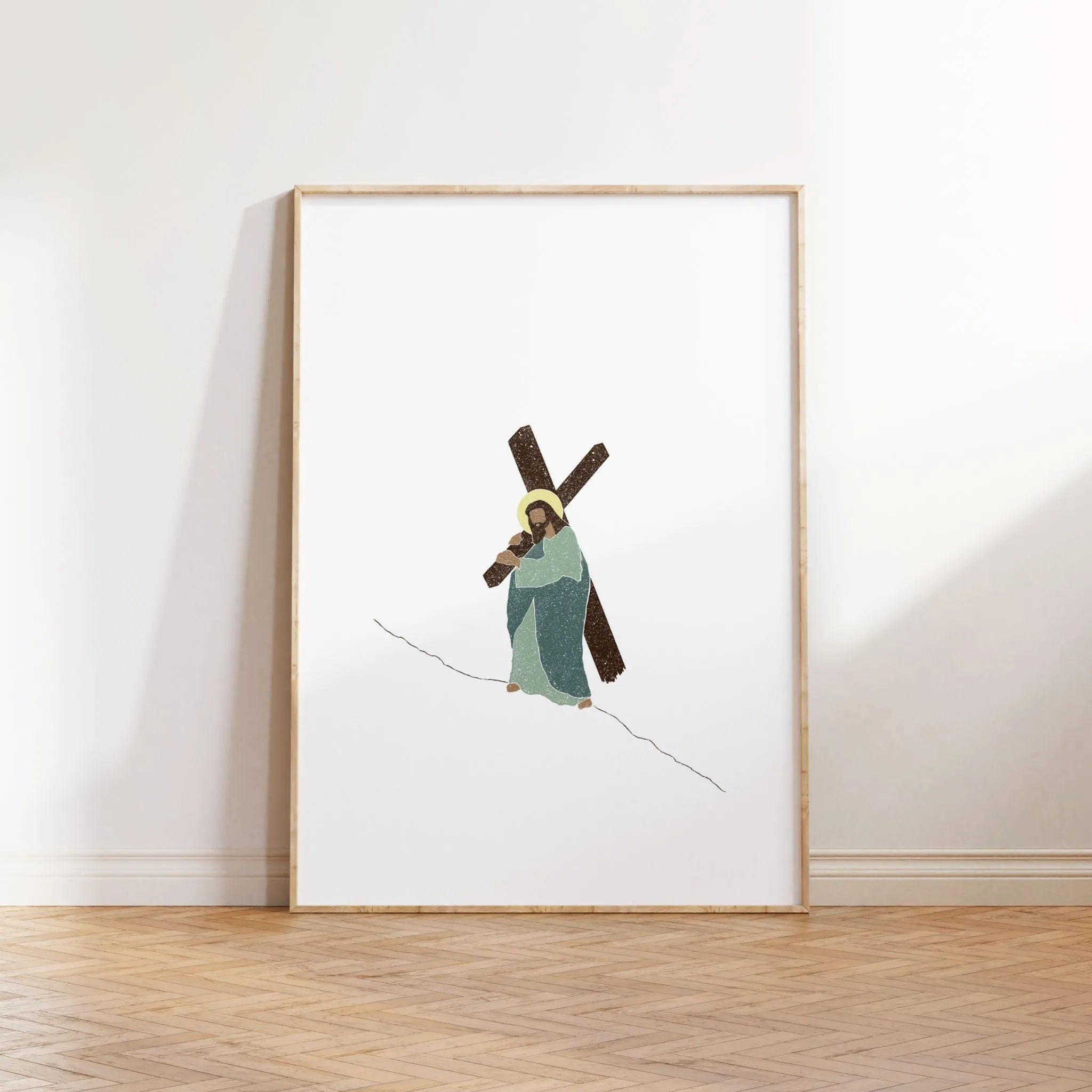 Weight of Mercy printable Christian poster leaning against wall on wood floor.