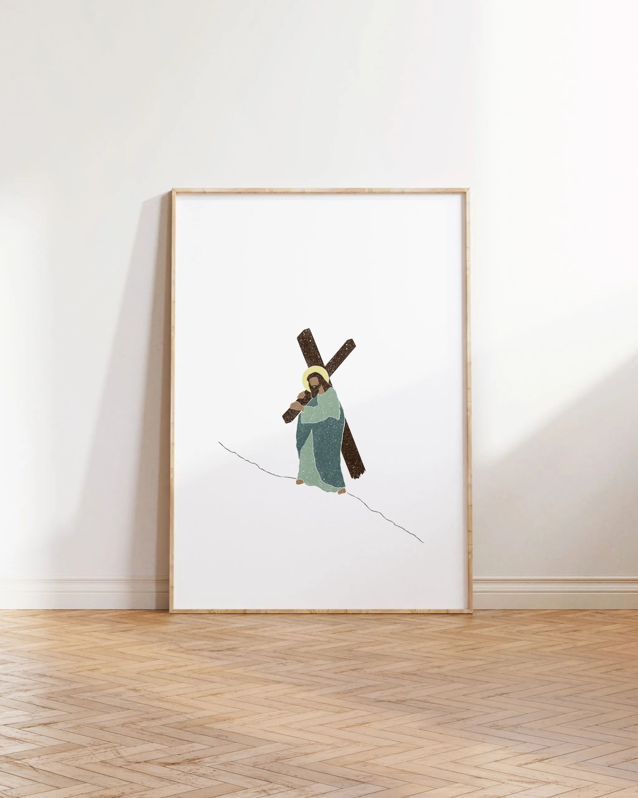 Weight of Mercy printable Christian poster leaning against wall on wood floor.