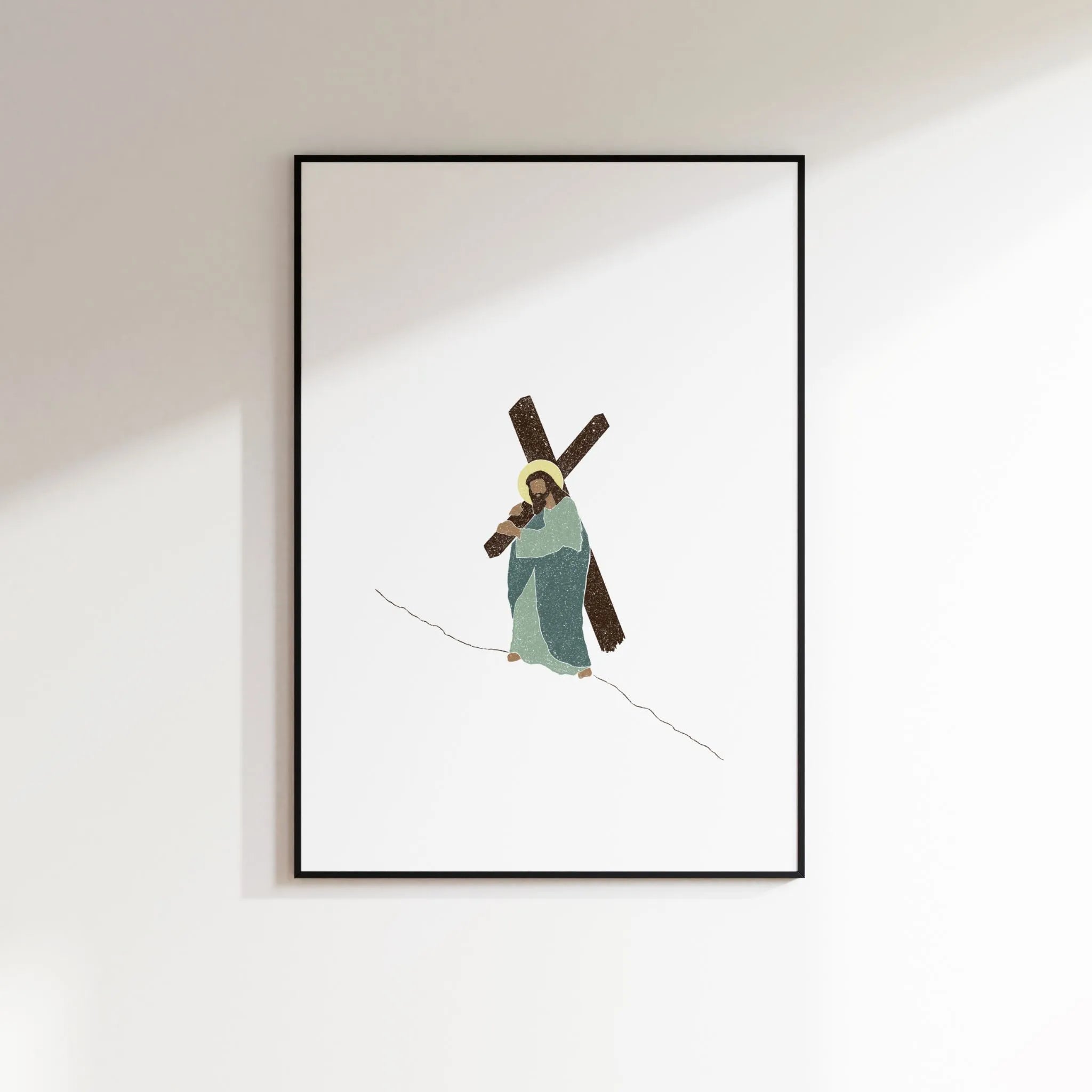 Weight of Mercy Christian wall art—Jesus carrying the cross—minimal print on white wall.