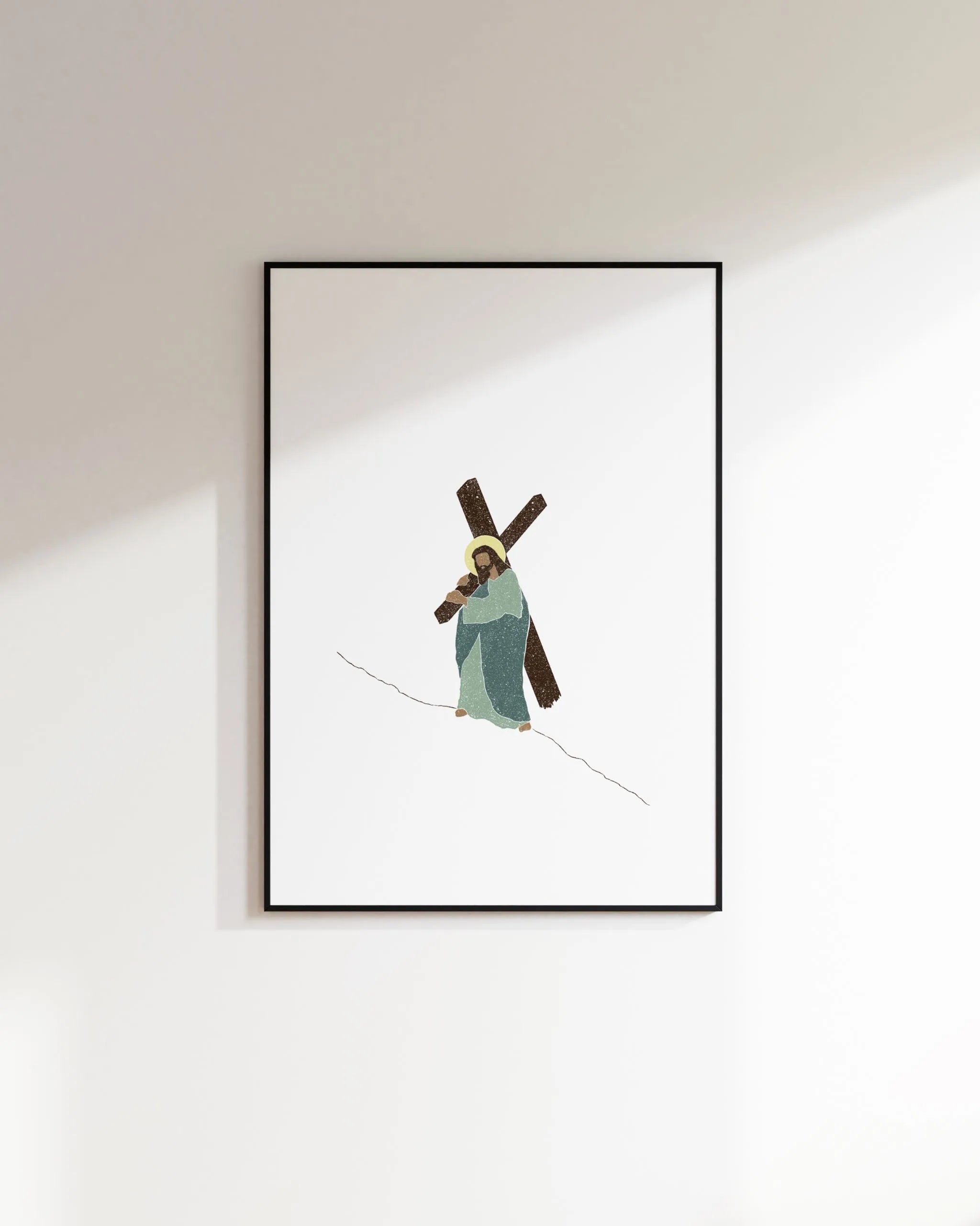Weight of Mercy Christian wall art—Jesus carrying the cross—minimal print on white wall.
