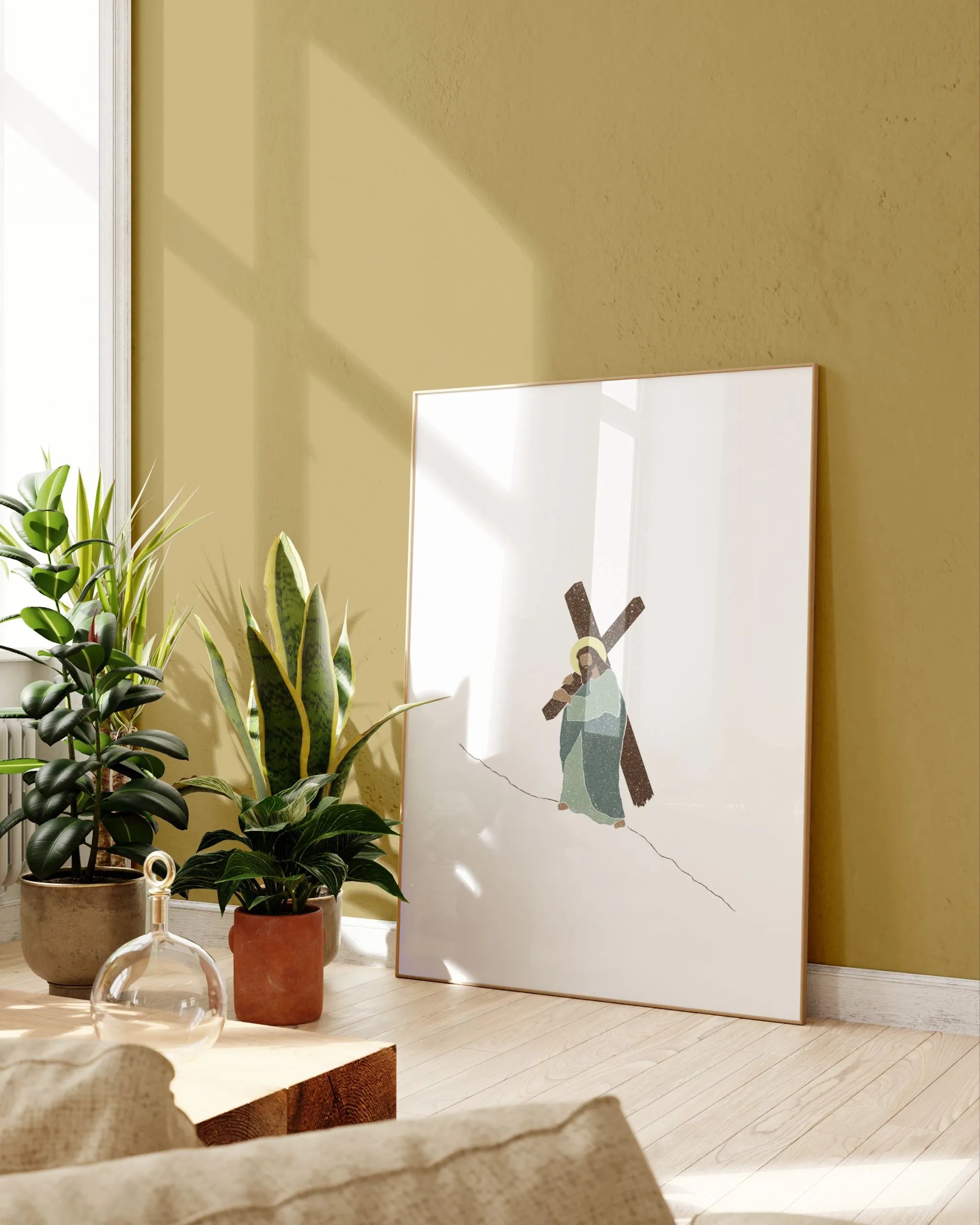 Weight of Mercy Christian wall art framed near plants in warm-toned living room, instant download.