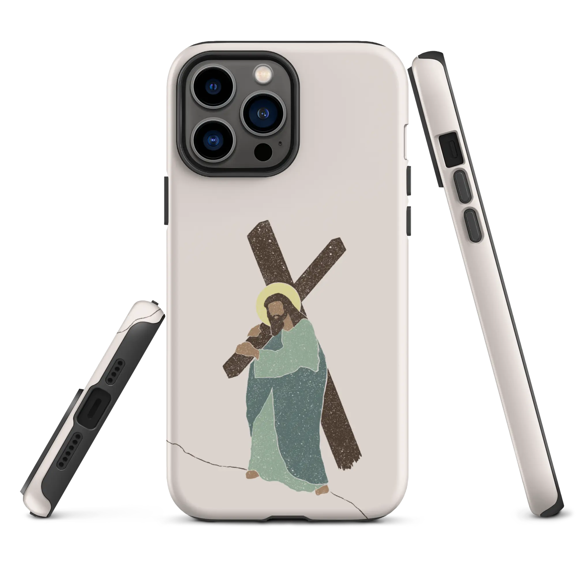 White iPhone case, showcasing a minimalist design of Jesus carrying the cross Sideview